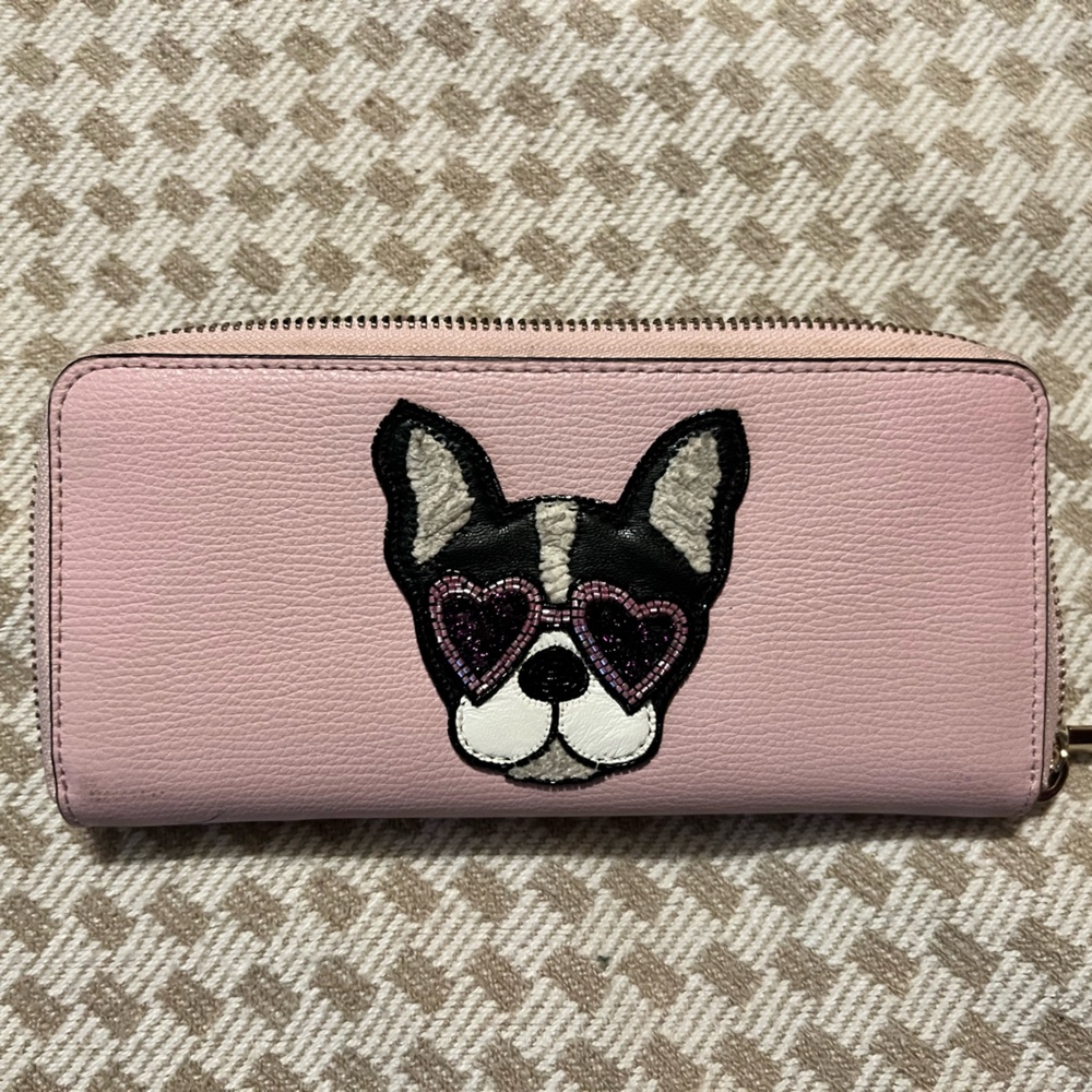 Kate, spade pink wallet with adorable Boston terrier.